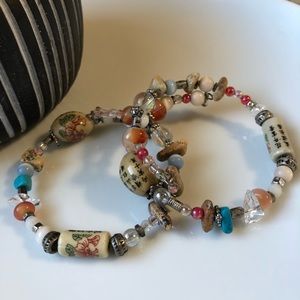 2 Memory Wire Bead Bracelets, w/ Oriental Details